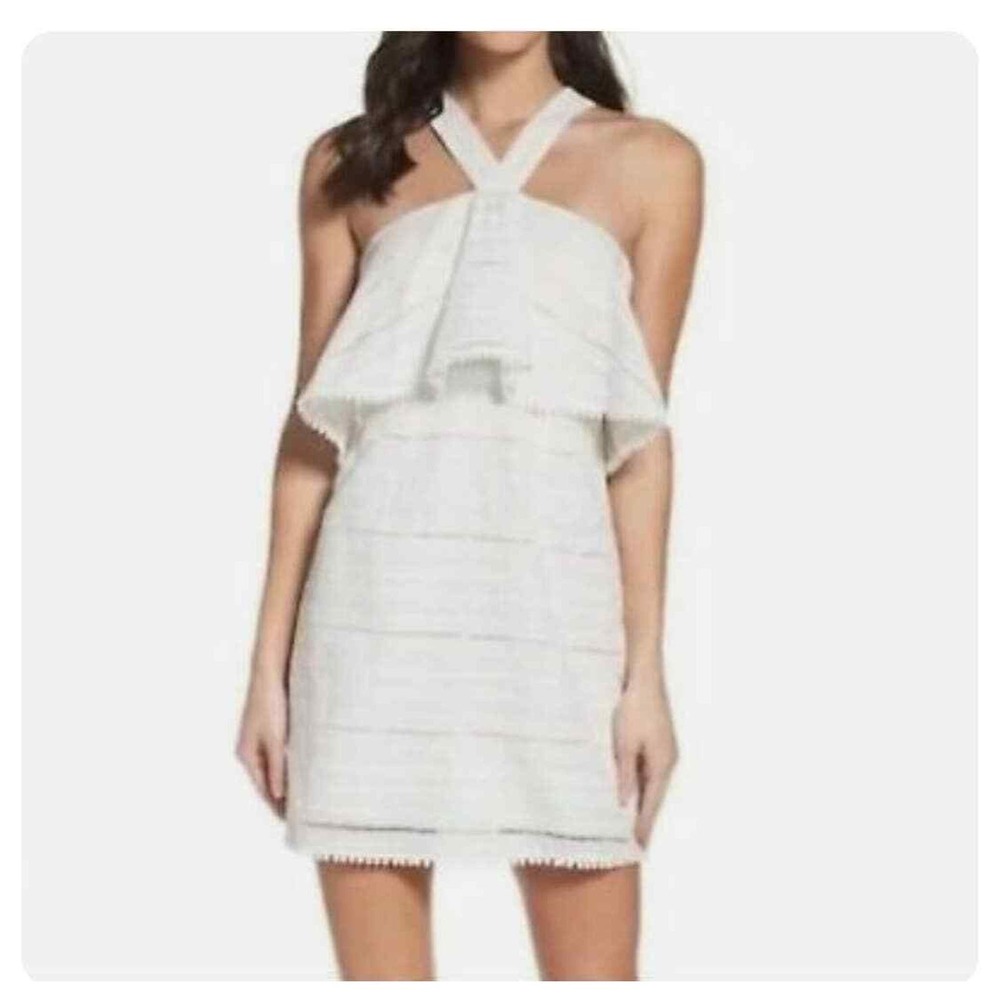 Foxiedox Womens White Eyelet Embroidered Boho Halter Neck Ruffle Mini Dress XS